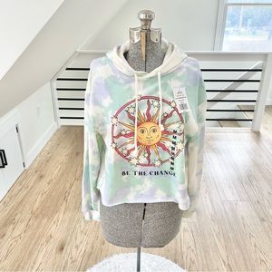 M L Juniors' "Be the Change" Celestial Cropped Tie Dye Fleece Hoodie